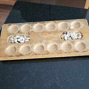 Wooden Mancala Board Game with Stones